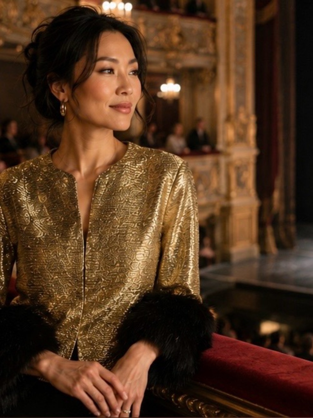 Gold lured bolero jacket with genuine fur cuffs